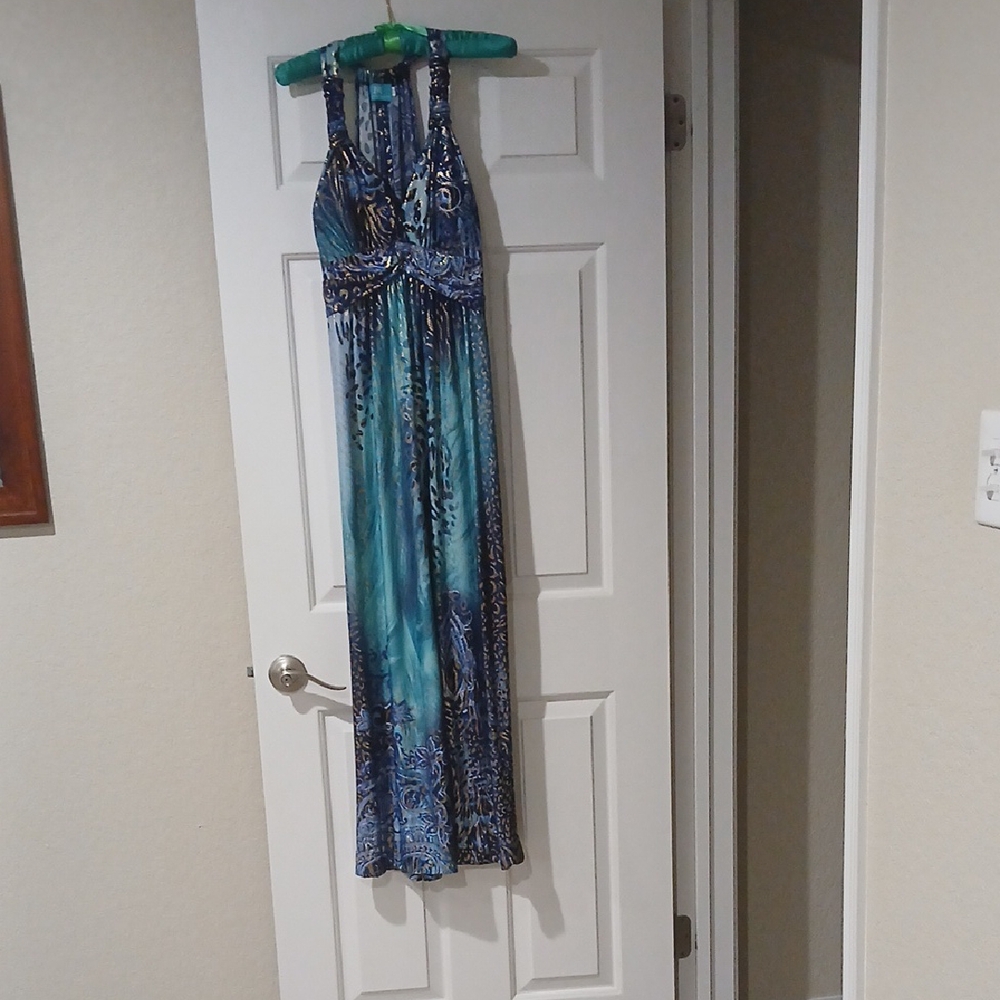 Blue and Gold Halter Maxi Dress